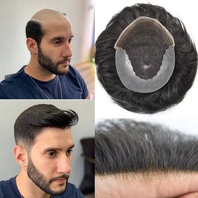 Mens Hair System Toupee for Men Transparent Swiss Lace with Thin Skin mens Hairpiece Bleached Knots Mens Toupee Natural Hairline Men Hair Wigs(8X10"-100% density#1B Off Black)