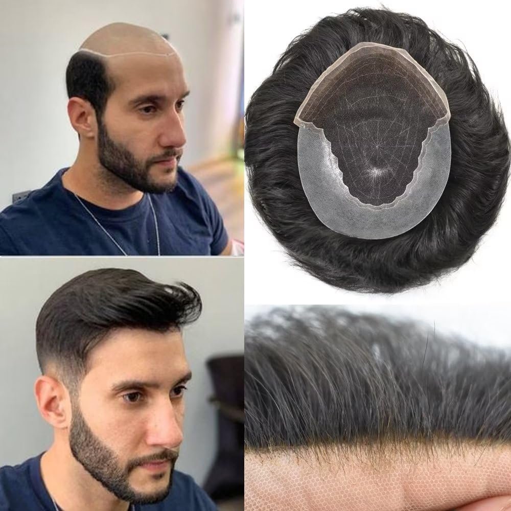 Mens Hair System Toupee for Men Transparent Swiss Lace with Thin Skin mens Hairpiece Bleached Knots Mens Toupee Natural Hairline Men Hair Wigs(8X10"-100% density#1B Off Black)
