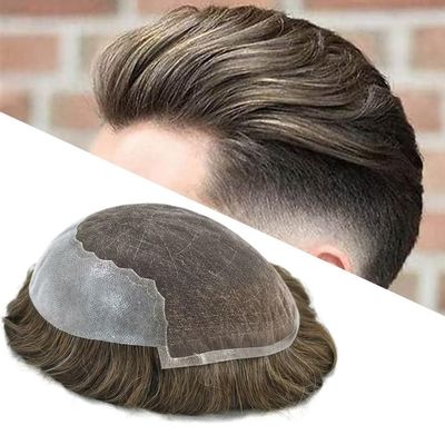 Mens Hair System Toupee for Men Transparent Swiss Lace with Thin Skin mens Hairpiece Bleached Knots Mens Toupee Natural Hairline Men Hair Wigs(7X9"-100% density#620 Light Brown with 20% Gray)