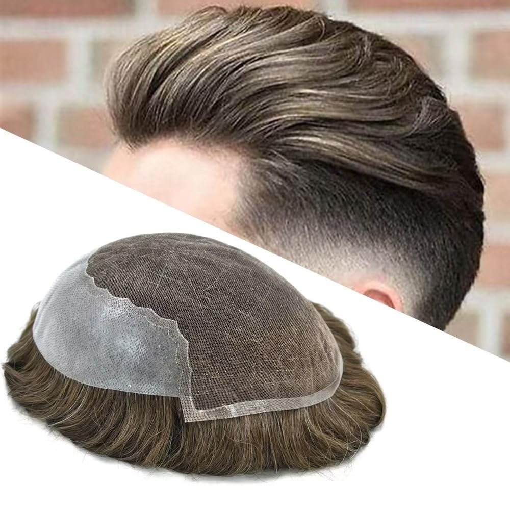 Mens Hair System Toupee for Men Transparent Swiss Lace with Thin Skin mens Hairpiece Bleached Knots Mens Toupee Natural Hairline Men Hair Wigs(7X9"-100% density#620 Light Brown with 20% Gray)