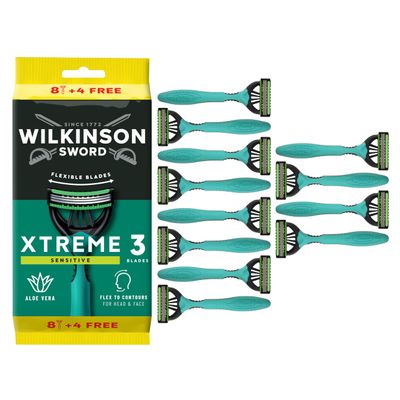 Wilkinson Sword Xtreme 3 Sensitive, Pack of 8 + 4 Disposable Razors with a Lubricating Band of Vitamin E and Aloe Vera, Optimal for Facial Care and Softness