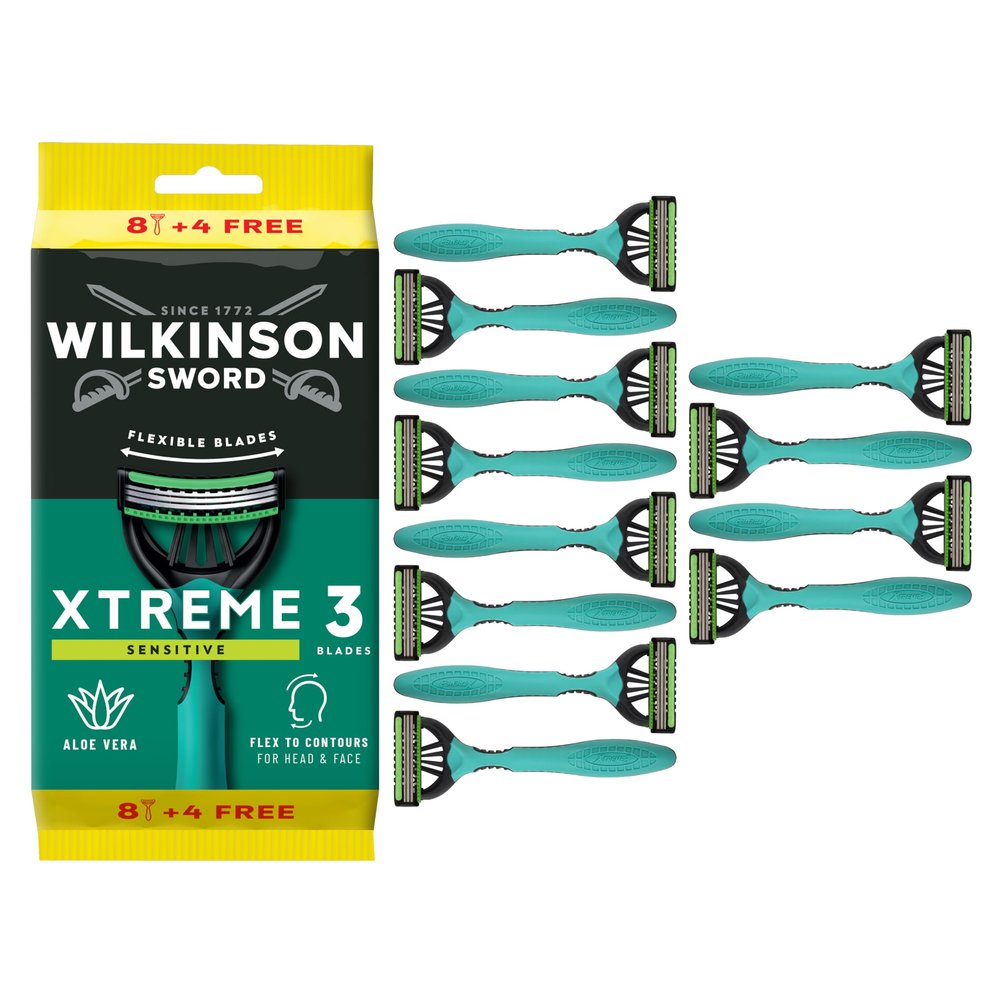 Wilkinson Sword Xtreme 3 Sensitive, Pack of 8 + 4 Disposable Razors with a Lubricating Band of Vitamin E and Aloe Vera, Optimal for Facial Care and Softness