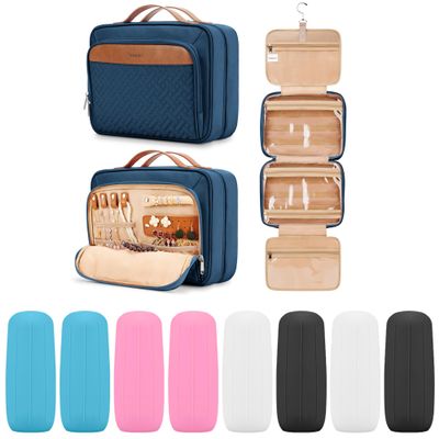 COOSKY Travel Hanging Toiletry Bag for Women, Large Makeup Bag 8 Leak Proofing Silicone Bottle Covers, Waterproof Cosmetic Bag with Jewelry Organizer Compartment, Toiletries Kit Set, Navy Blue
