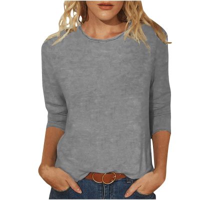 3/4 Length Sleeve Shirts for Women 2023 Casual Summer Blouses Crewneck Floral Printed Cute Tops Loose Fit Pullover