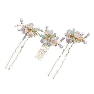 3pcs White Pearl Crystal Flower Hair Comb Hairpin Set, Elegant Bride Bridesmaid Headwear Vintage Hair Pins Hair Sticks Hanfu Handmade Crafts