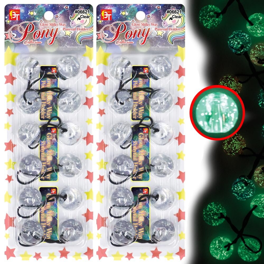 12 Pcs 25mm Hair Ties Hair Accessories for Girls Glitter Galactic Hair Ties with Balls Bubble Twinbead Ponytail Holders (Glow in the Dark Milky Way - Clear)