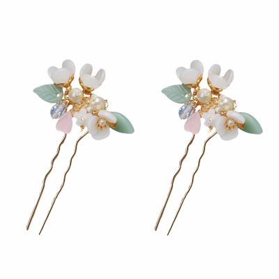 2pcs White Pearl Crystal Flower Hair Comb Hairpin Set, Elegant Bride Bridesmaid Headwear Vintage Hair Pins Hair Sticks Hanfu Handmade Crafts