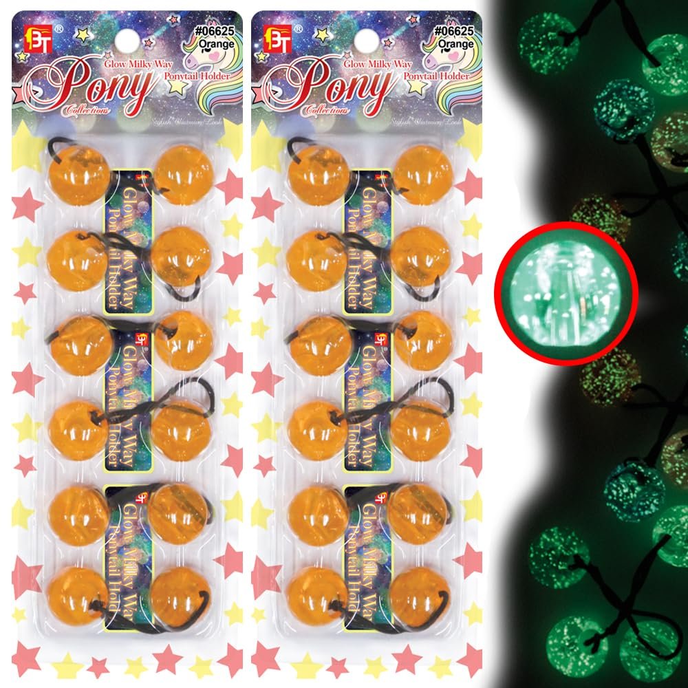12 Pcs 25mm Hair Ties Hair Accessories for Girls Glitter Galactic Hair Ties with Balls Bubble Twinbead Ponytail Holders (Glow in the Dark Milky Way - Orange)