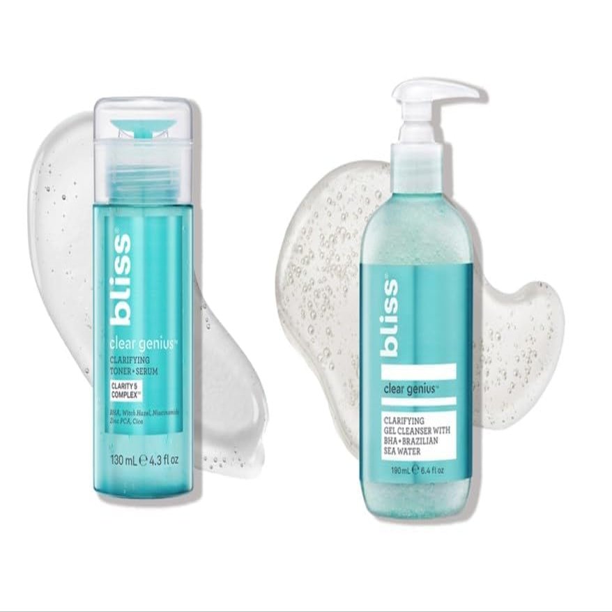 Bliss Daily Acne Routine Kit, 2pc Set- Clear Genius Toner + Serum, and Cleanser - Cleanse and Tone for Acne- Clean, Vegan, Cruelty-Free Skincare