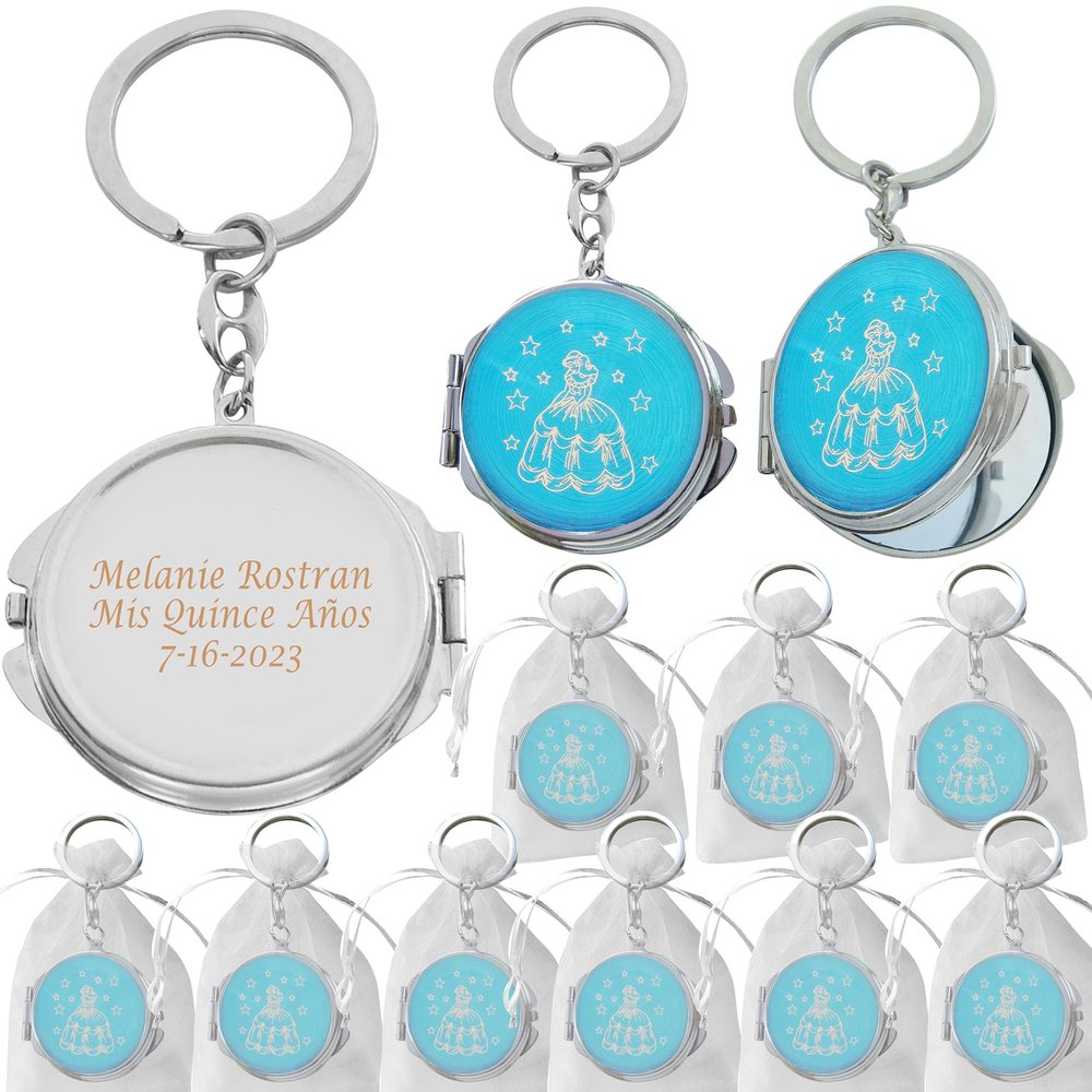 12 Pcs Personalized Mis Quince Party Favors Sweet 16 Custom Girls Quinceanera 18 Birthday Souvenir Mirror Keychains (Turquoise)