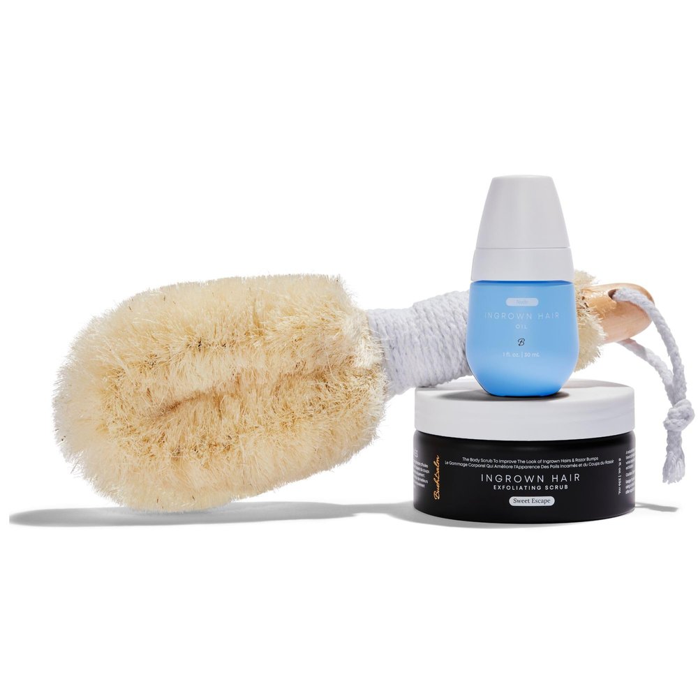 Bushbalm Ingrown Hair and Razor Bumps Minimizer 3-Step Routine - Includes Nude Ingrown Hair Oil (30 ml), Sweet Escape Exfoliating Scrub (236 ml) and Nordic Dry Brush