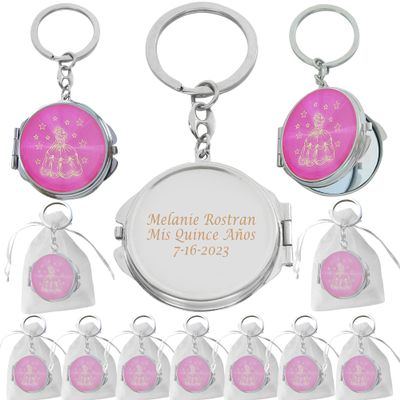 12 Pcs Personalized Mis Quince Party Favors Sweet 16 Custom Girls Quinceanera 18 Birthday Souvenir Mirror Keychains (Pink)