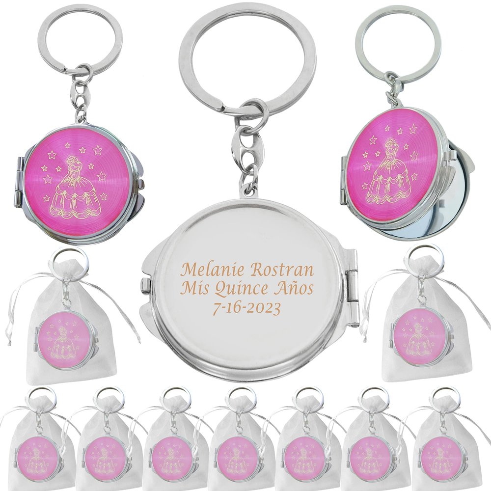 12 Pcs Personalized Mis Quince Party Favors Sweet 16 Custom Girls Quinceanera 18 Birthday Souvenir Mirror Keychains (Pink)