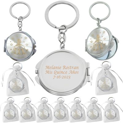 12 Pcs Personalized Mis Quince Party Favors Sweet 16 Custom Girls Quinceanera 18 Birthday Souvenir Mirror Keychains (Silve/gold trim)