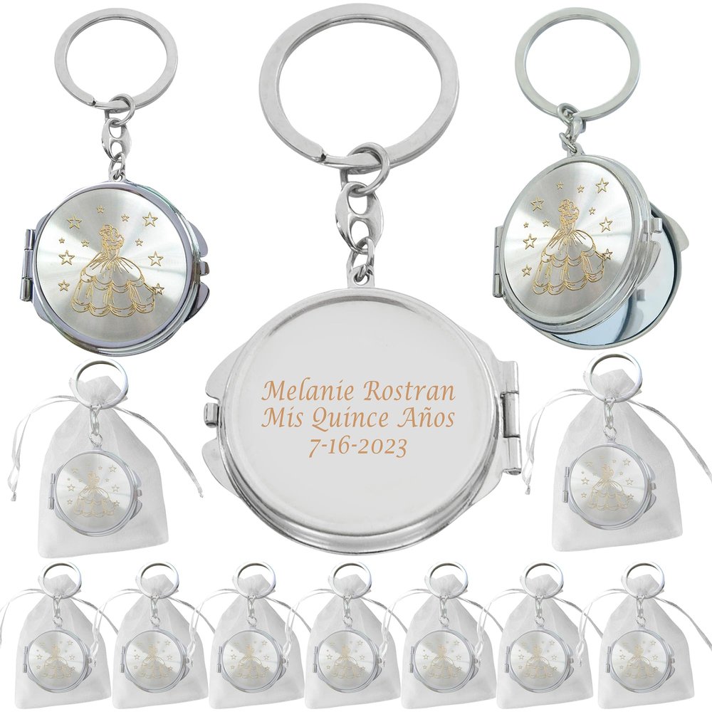 12 Pcs Personalized Mis Quince Party Favors Sweet 16 Custom Girls Quinceanera 18 Birthday Souvenir Mirror Keychains (Silve/gold trim)