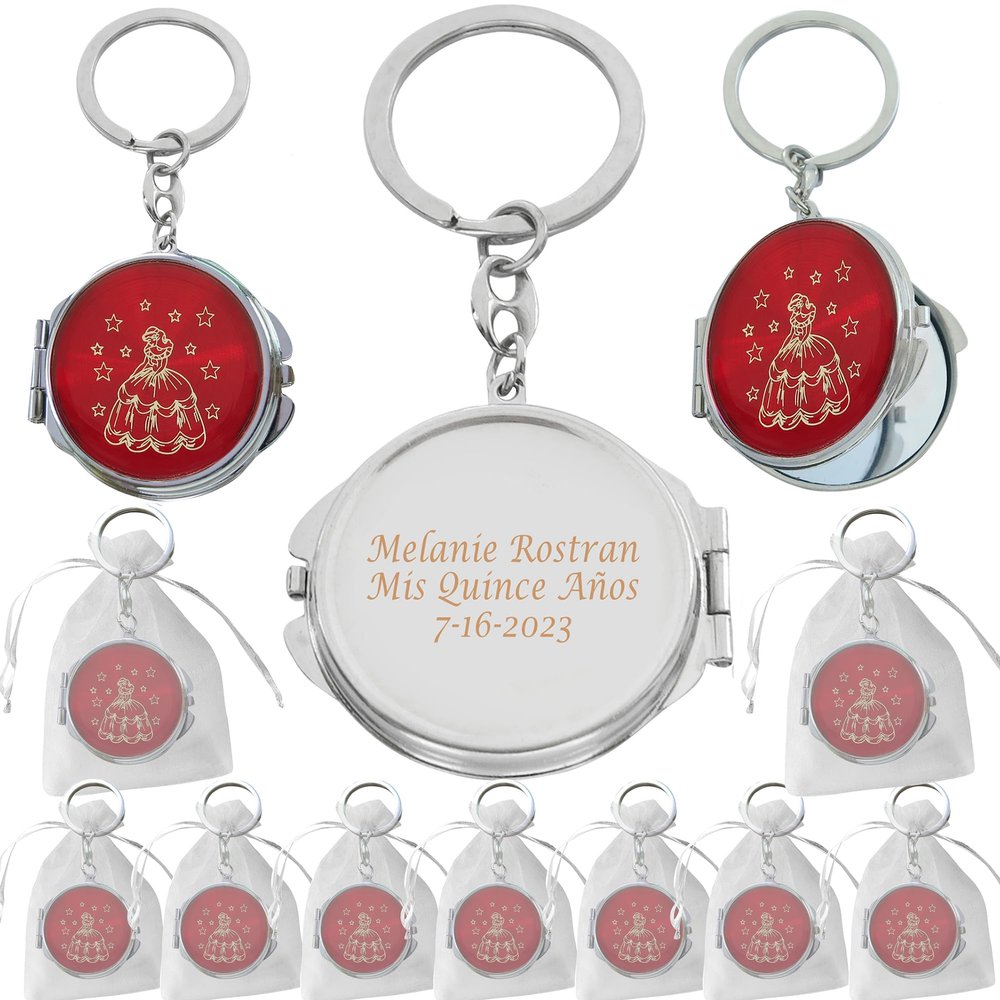12 Pcs Personalized Mis Quince Party Favors Sweet 16 Custom Girls Quinceanera 18 Birthday Souvenir Mirror Keychains (red)