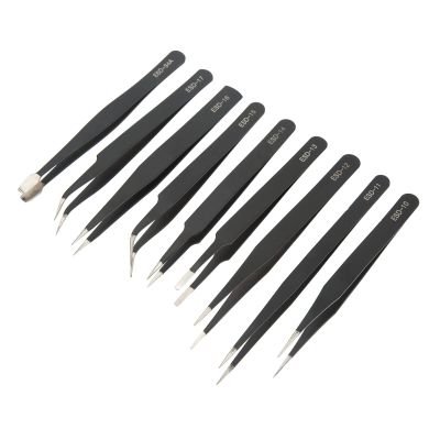 9PCS Stainless Steel Tweezer Set Anti Slip Curved Tips for Repair Tools