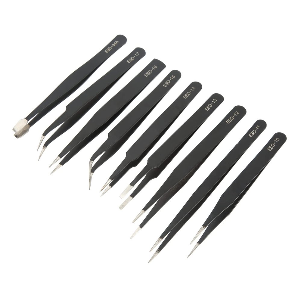 9PCS Stainless Steel Tweezer Set Anti Slip Curved Tips for Repair Tools