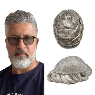 Toupee for Men Hair System Full Poly Mens Toupee Injected PU Mens Hairpieces Soft European Human Hair Units Durable Mens Hair Piece Medium Density 8X10"-120% Density-#380 Dark Brown+80% Gray