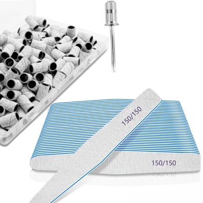 100Pcs Nail Sanding Bands for Nail Drill Bits 180Grit Fine Grit Sanding Bands with 12pcs Nail file 150/150 Grit