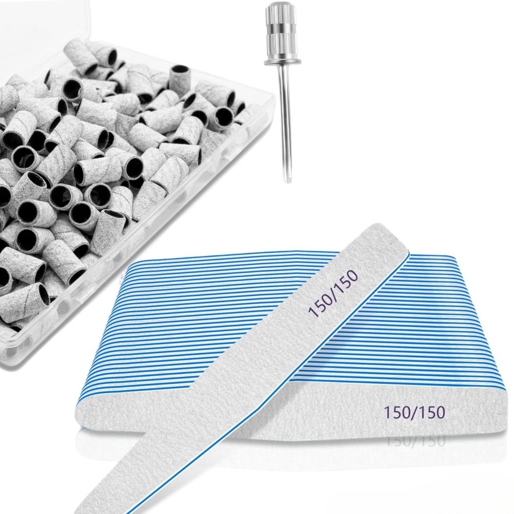 100Pcs Nail Sanding Bands for Nail Drill Bits 180Grit Fine Grit Sanding Bands with 12pcs Nail file 150/150 Grit