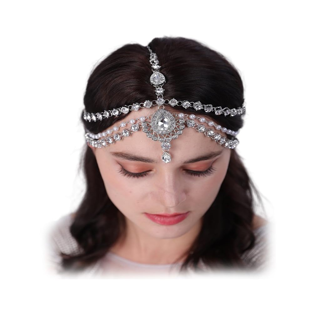 Aimimier Boho Teardrop Crystal Head Chain Layered Faux Pearl Forehead Chain Wedding Headpiece for Women (Silver)