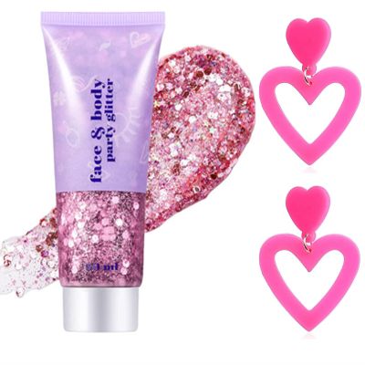 Go Ho Pink Body Glitter Gel and 2 PCS Heart Earrings for Women,Sparkle Holographic Chunky Sequins Glitter Gel with Pink Heart Earrings for Singer Concerts Makeup