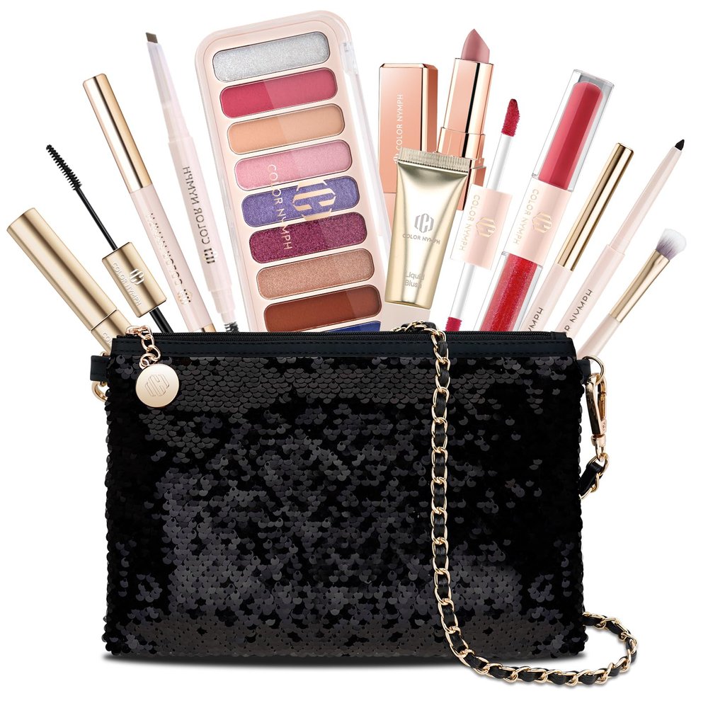 Color Nymph Teen Girls Makeup Kits, All In One Make up kit For Girls Makeup For Teen with Sequin Bag Packed Individually 9 Colors Eyeshadow Liquid Blush Lip gloss Mascara -Orange Green