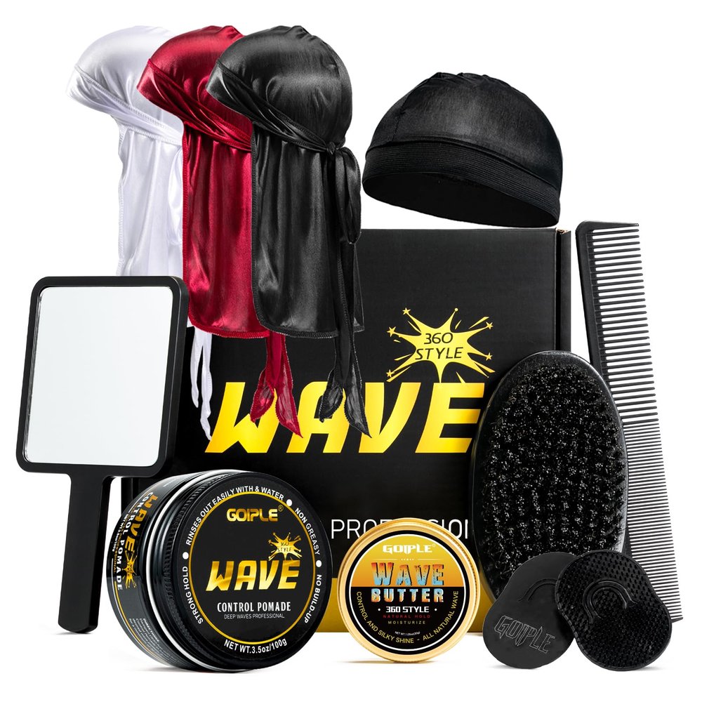 Wave Pomade for Men Strong Hold Easy Wash Hair Cream Grease, Promotes Layered Waves, Moisture, Shine, Brush and Durag Cap Set