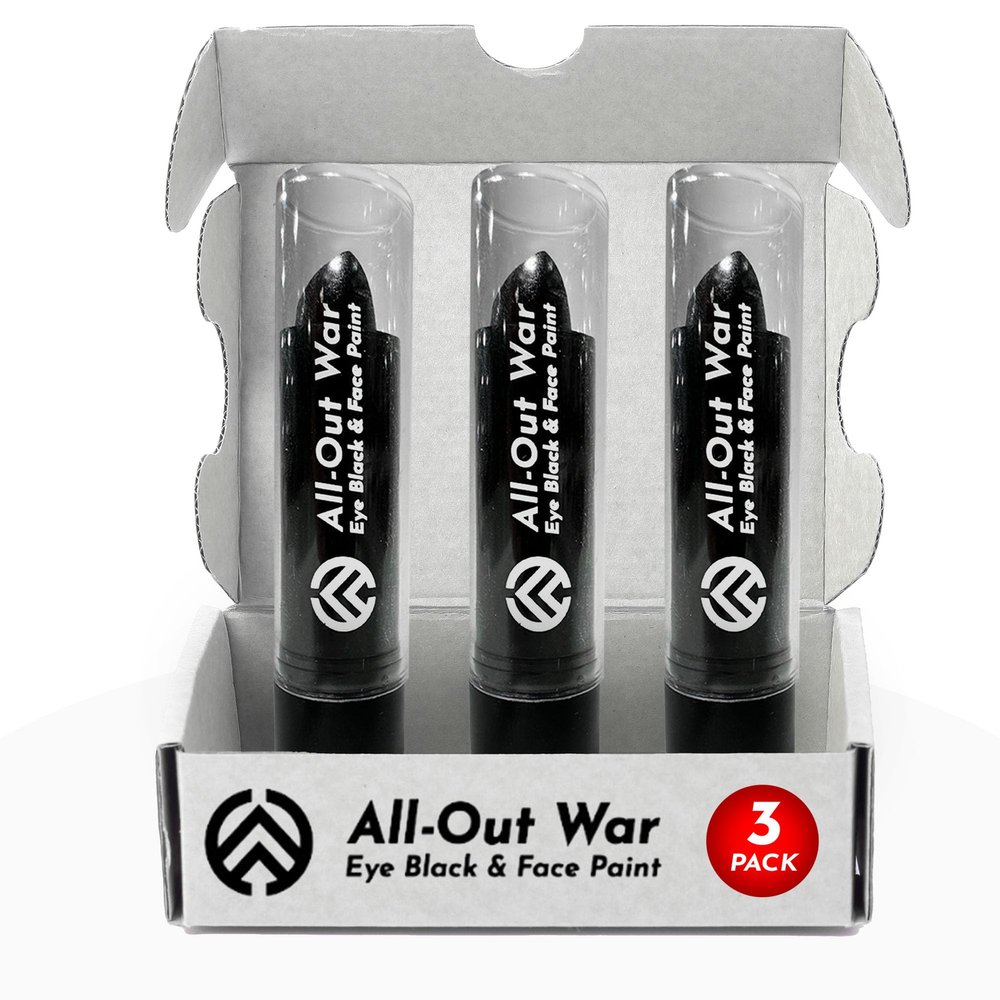 All-Out War 3 Pack Sports Eye Black Stick, Dark Black Pointed Tip for Custom Designs, Face Paint for Baseball, Football, Lacrosse, Softball, Soccer, Hockey