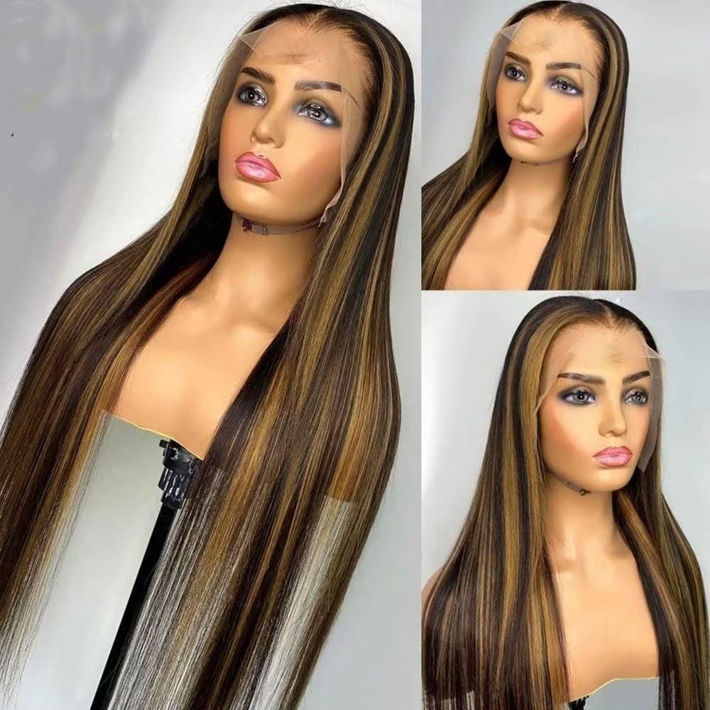 Highlight Ombre 1B/27 Color 13x6 HD Invisible Transparent HD Lace Front Wig Human Hair Brazilian Remy Virgin Ombre Straight 150% Density Lace Front Wig Pre Plucked with Baby Hair for Women 14 inch