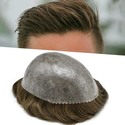 SINGA HAIR PU Toupee for Men Thin Skin Hair Replacement System Injected Knotless Human Hair Pieces 8x10 Full Poly Mens Toupee Black With Gray Hair Units (520# Medium Light Brown With 20% Gray)