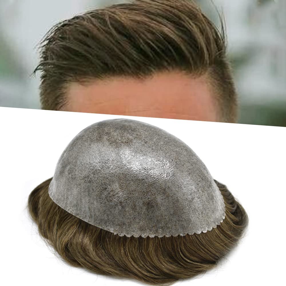 SINGA HAIR PU Toupee for Men Thin Skin Hair Replacement System Injected Knotless Human Hair Pieces 8x10 Full Poly Mens Toupee Black With Gray Hair Units (520# Medium Light Brown With 20% Gray)