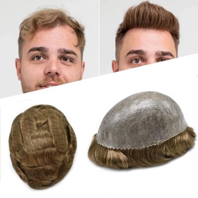 SINGA HAIR PU Toupee for Men Thin Skin Hair Replacement System Injected Knotless Human Hair Pieces 8x10 Full Poly Mens Toupee Black With Gray Hair Units (17# Dark Ash Blonde)