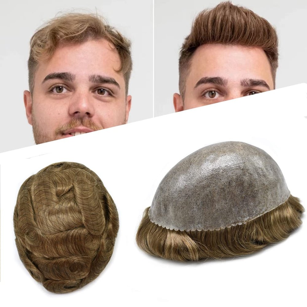 SINGA HAIR PU Toupee for Men Thin Skin Hair Replacement System Injected Knotless Human Hair Pieces 8x10 Full Poly Mens Toupee Black With Gray Hair Units (17# Dark Ash Blonde)