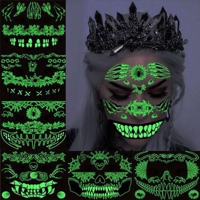 10 Sheets Halloween Glow In The Dark Tattoos Face Luminous Temporary Tattoo Waterproof Last Long Glitter Tattoos Stickers Scary Zombie Makeup Kit For Women Adults Party Supplies