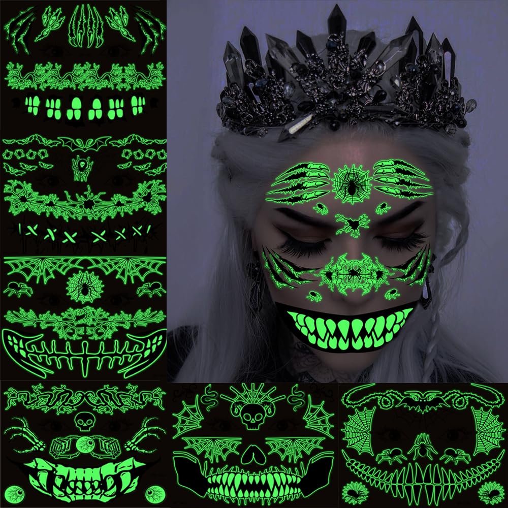 10 Sheets Halloween Glow In The Dark Tattoos Face Luminous Temporary Tattoo Waterproof Last Long Glitter Tattoos Stickers Scary Zombie Makeup Kit For Women Adults Party Supplies