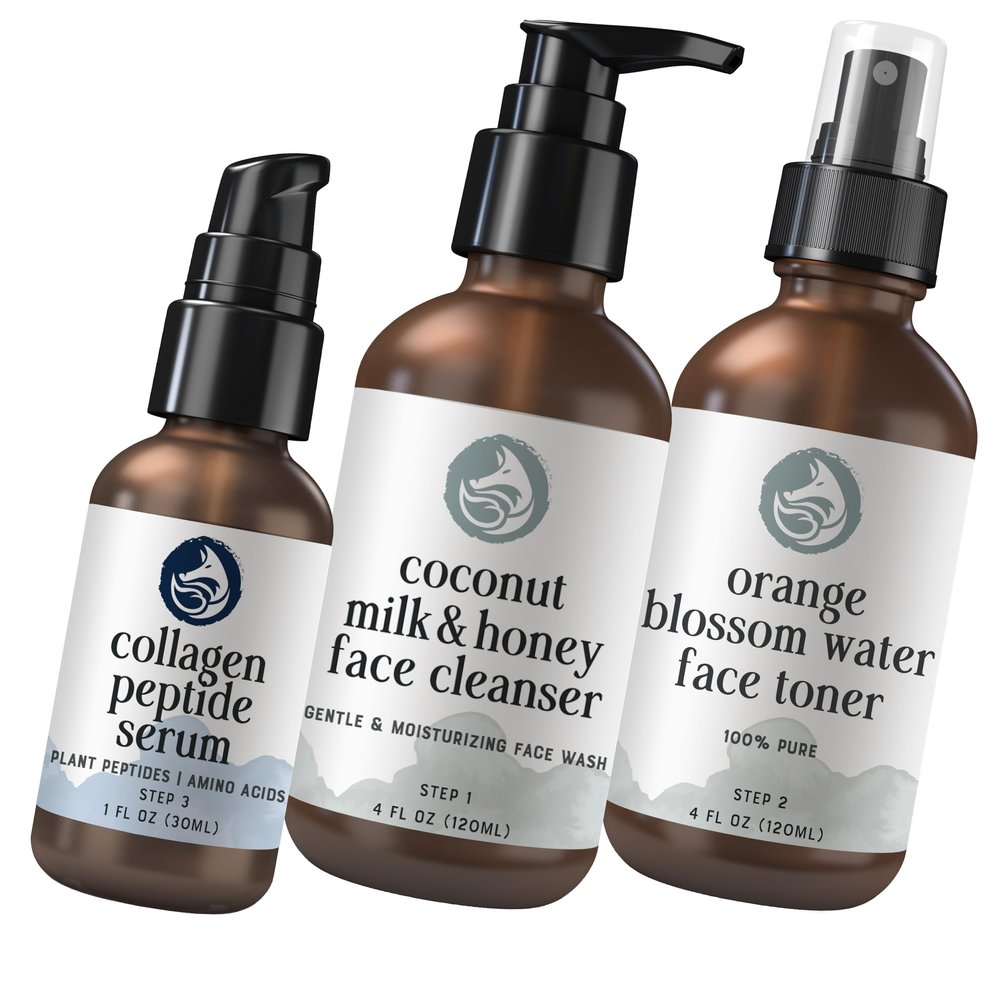 Foxbrim Naturals Ultimate Radiance Skincare Bundle: Peptide Collagen Serum, Coconut Milk & Honey Cleanser, and Orange Blossom Water Toner