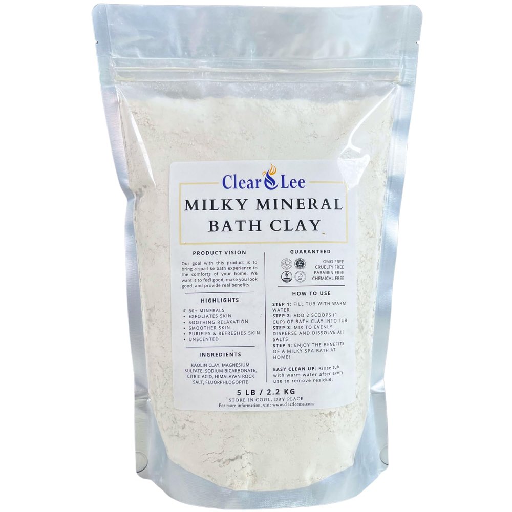 ClearLee Milky Mineral Bath Clay - Kaolin Clay, Magnesium Sulfate (Epsom Salt), Himalayan Rock Salt - Soothing and Relaxing Soak - Exfoliation for Smoother Skin - 5 lb (12-15 Baths)