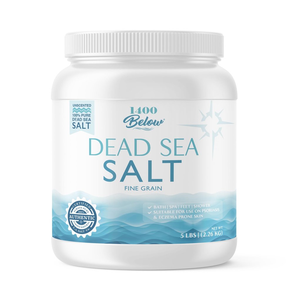 LA SALT CO 1400 Below 5 Lbs Jar Dead Sea Salt, Fine Grain - Foot and Spa Bath Soak, Exfoliating Body Scrub, 100% Pure and Mineral-Rich, Highest Mineral Content Natural Muscle Tension Relief