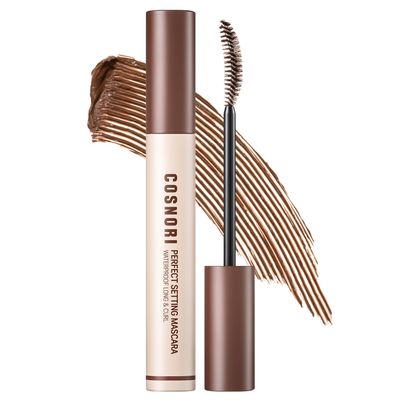 COSNORI Perfect Setting Waterproof Mascara Long&Curl 02 Cozy Brown  Long Lasting Smudge - Brown Mascara - Soft Definition for Blue & Green Eyes - K Beauty - 0.23fl oz (7ml)