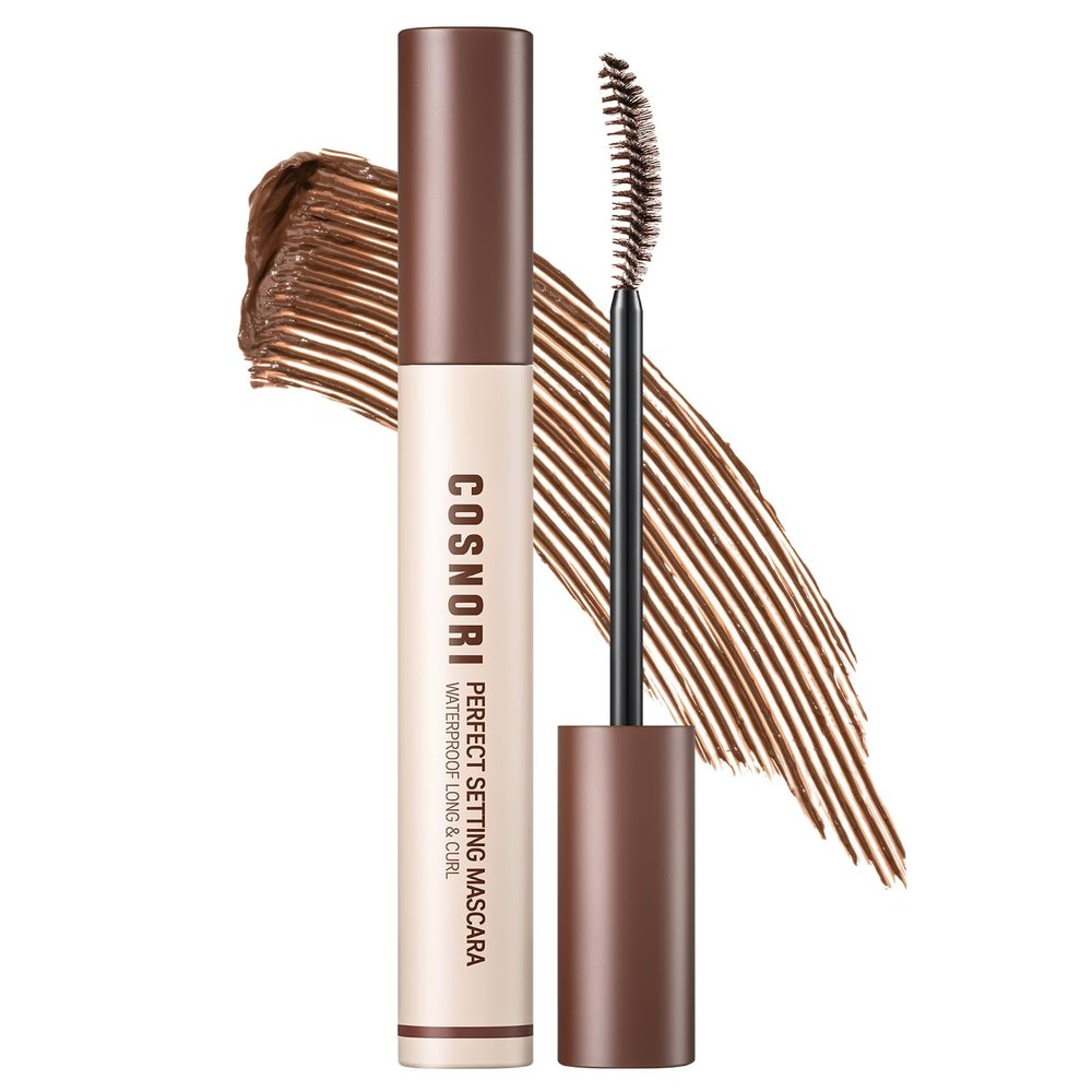 COSNORI Perfect Setting Waterproof Mascara Long&Curl 02 Cozy Brown  Long Lasting Smudge - Brown Mascara - Soft Definition for Blue & Green Eyes - K Beauty - 0.23fl oz (7ml)