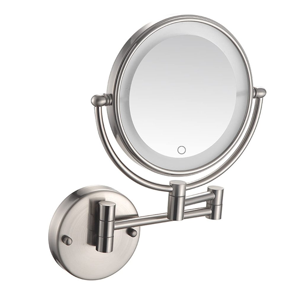 UNICOKA Makeup Mirror with Light, Brushed Nickel Shaving Mirror Wall-Mounted Magnifying Mirror Double Sided Extendable Mirror Premium Vanity Mirror with Touch Switch, USB Rechargeable