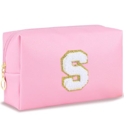 URSKYTOUS Patch Makeup Bag Travel Small Cosmetic Bag Pink PU Makeup Pouch Zippered Personalized Preppy Initial Skin Care Stuff Bag for Women Birthday Gift Teen Girl Gifts Trendy Stuff(S)