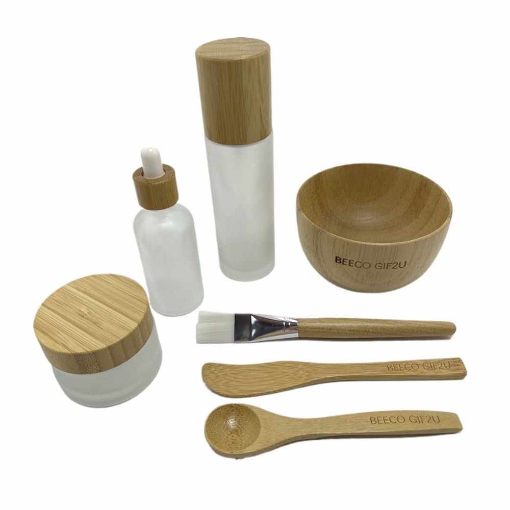 BEECO GIF2U Face Mask Mixing Bowl Set Bamboo,7 Pcs DIY Facemask Mixing Tool Kit with Facial Mask Bowl,Spatula,Spoon,Brush,Empty Refilable Lotion Pump Bottle,Cream Jar and Dropper Bottle for Skincare