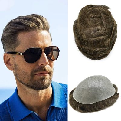 Healthlif Men's Toupee - Super Thin Skin, V-Looped Hair System, Poly Remy Human Hair, 8x10, 100% Density, #410#4 MEDIUM BROWN+10% GREY