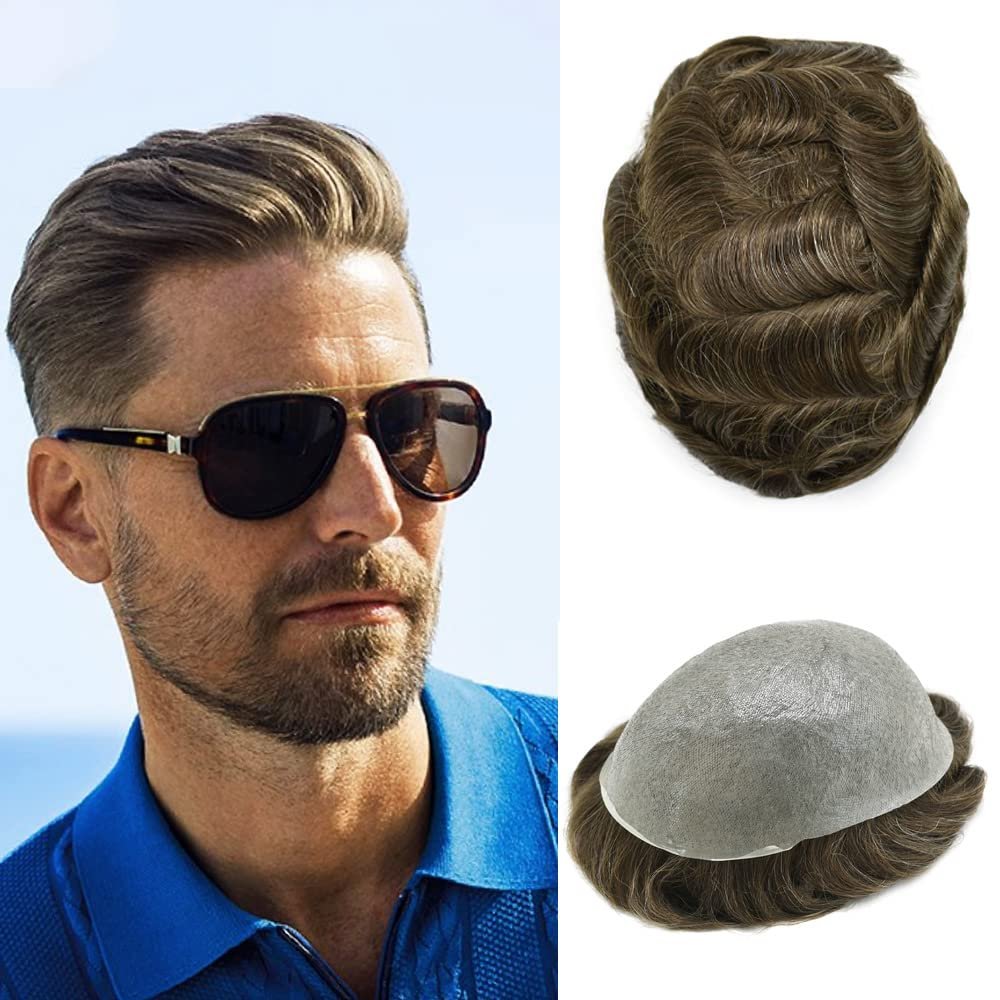 Healthlif Men's Toupee - Super Thin Skin, V-Looped Hair System, Poly Remy Human Hair, 8x10, 100% Density, #410#4 MEDIUM BROWN+10% GREY