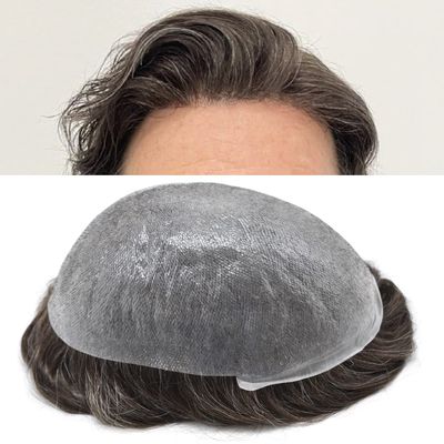 Healthlif Men's Toupee - Super Thin Skin, V-Looped Hair System, Poly Remy Human Hair, 8x10, 90% Density, #320#3 Dark Brown + 20% Grey