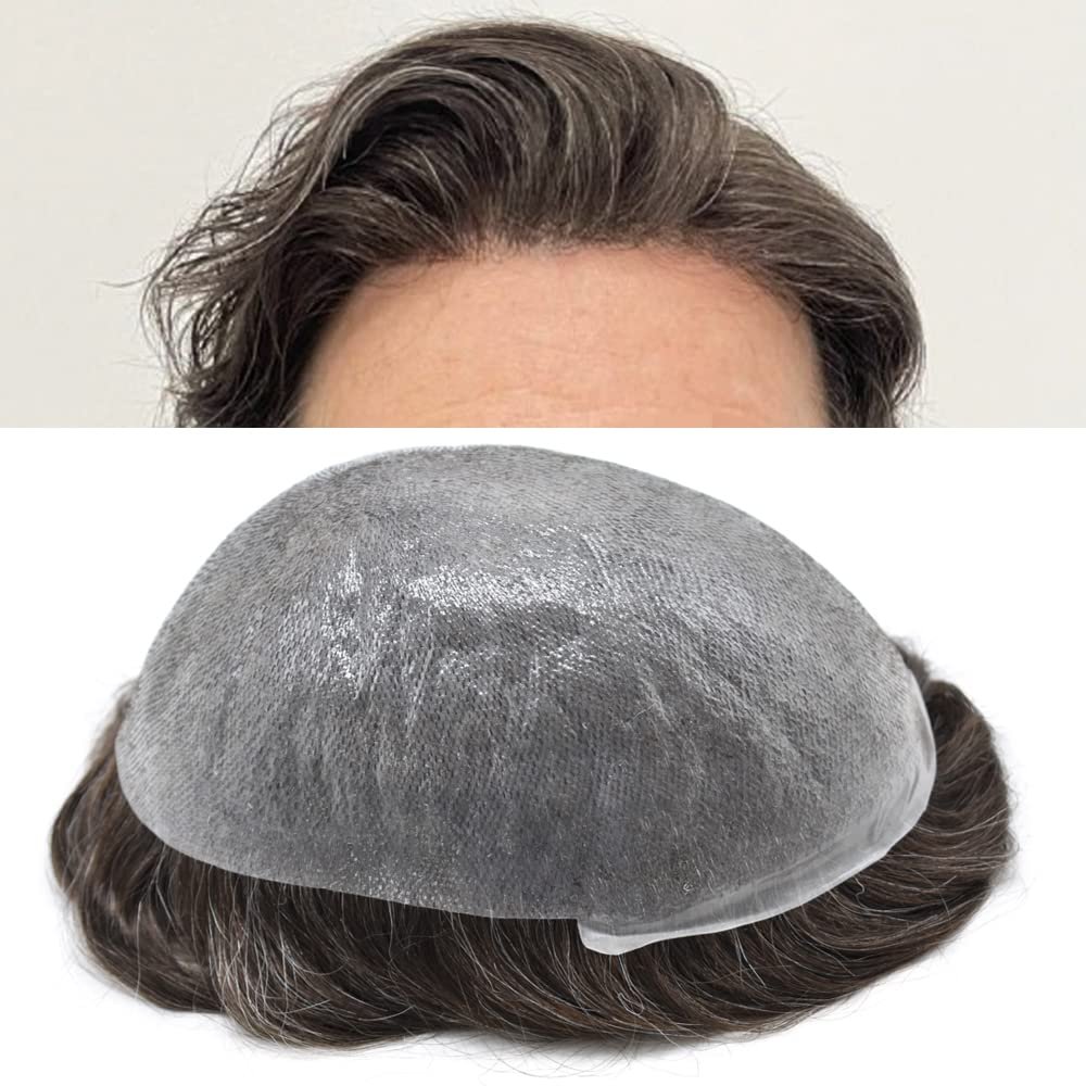 Healthlif Men's Toupee - Super Thin Skin, V-Looped Hair System, Poly Remy Human Hair, 8x10, 90% Density, #320#3 Dark Brown + 20% Grey