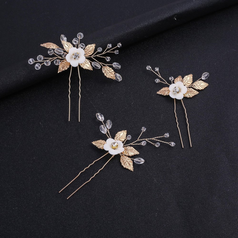 3Pcs Gold Leaf Bridal Comb U Hair Pin for WomenRhinestone Wedding Hair Comb for Bridesmaids Gift (Gold)